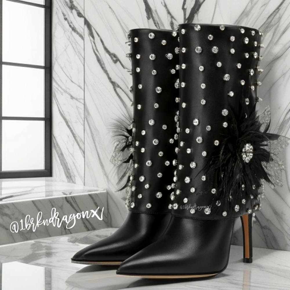 NWT EMBELLISHED BOOTIES WANG BOOTS BNIOB STILETTOS DIAMONDS FEATHERS - Picture 16 of 16